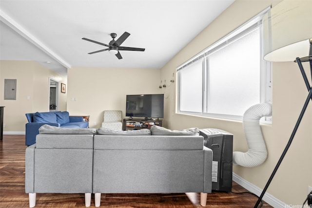 53-388 Kamehameha Hwy, Hauula, HI 96717 - living room featuring electric panel, dark wood-style floors, a ceiling fan, and baseboards