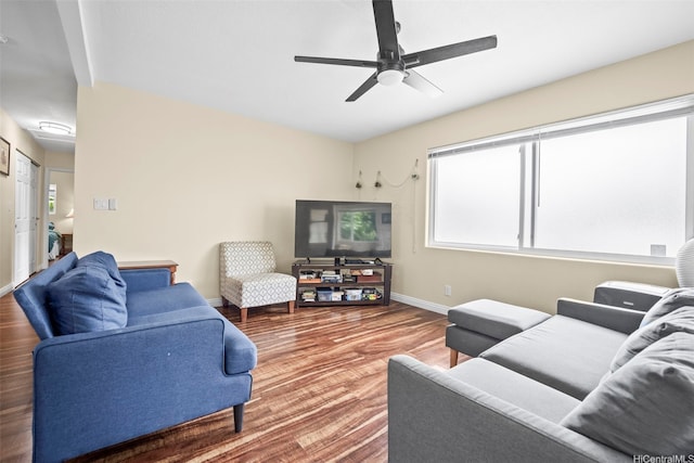 53-388 Kamehameha Hwy, Hauula, HI 96717 - living room with baseboards, wood finished floors, and a ceiling fan