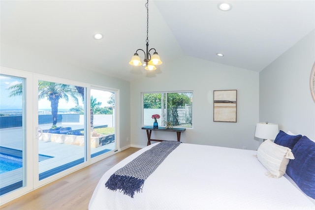 98-1027 Palula Way, Aiea, HI 96701 - bedroom with access to exterior, light wood-style flooring, a chandelier, lofted ceiling, and a water view