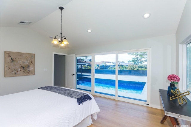 98-1027 Palula Way, Aiea, HI 96701 - bedroom with access to exterior, a chandelier, vaulted ceiling, multiple windows, and recessed lighting