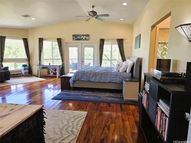 92-882 Wainohia St, Kapolei, HI 96707 - bedroom with french doors, multiple windows, access to exterior, dark wood-style floors, and vaulted ceiling