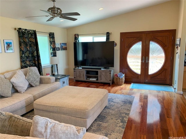 92-882 Wainohia St, Kapolei, HI 96707 - living room featuring a ceiling fan, wood finished floors, lofted ceiling, french doors, and recessed lighting