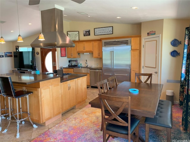 92-882 Wainohia St, Kapolei, HI 96707 - kitchen with stainless steel appliances, island exhaust hood, vaulted ceiling, light brown cabinetry, and dark countertops