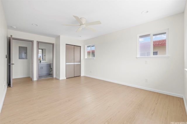 87-1474 Akowai Rd, Waianae, HI 96792 - unfurnished bedroom with light wood-style floors, connected bathroom, recessed lighting, a ceiling fan, and a closet