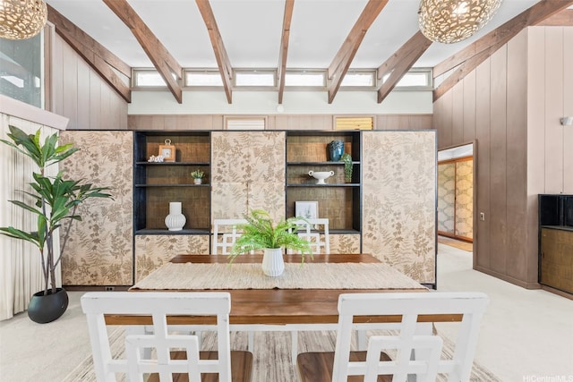 210 Hao St, Honolulu, HI 96821 - dining room with a skylight, beamed ceiling, wooden walls, and carpet flooring