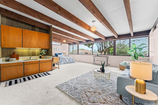210 Hao St, Honolulu, HI 96821 - carpeted living room featuring beamed ceiling and a sink
