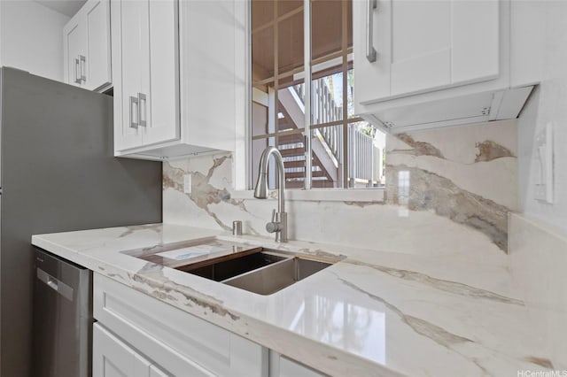 94-100 Huki Pl Unit S106, Waipahu, HI 96797 - kitchen with white cabinetry, a sink, stainless steel appliances, backsplash, and light stone counters