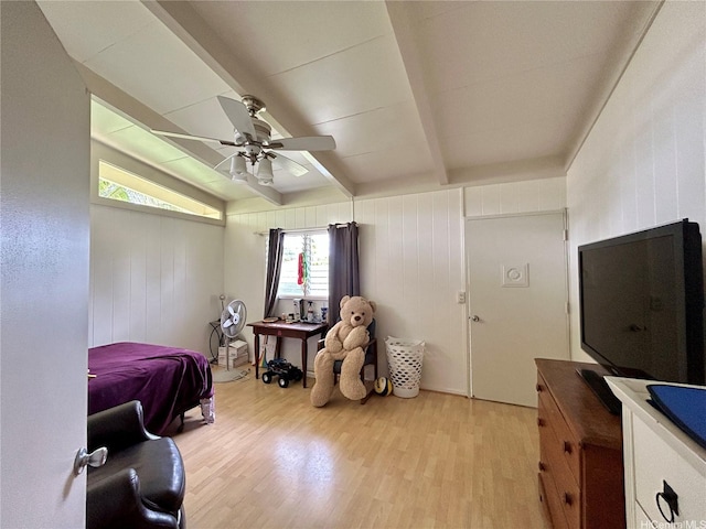 661 Iliaina St, Kailua, HI 96734 - bedroom featuring light wood-type flooring, beamed ceiling, and ceiling fan