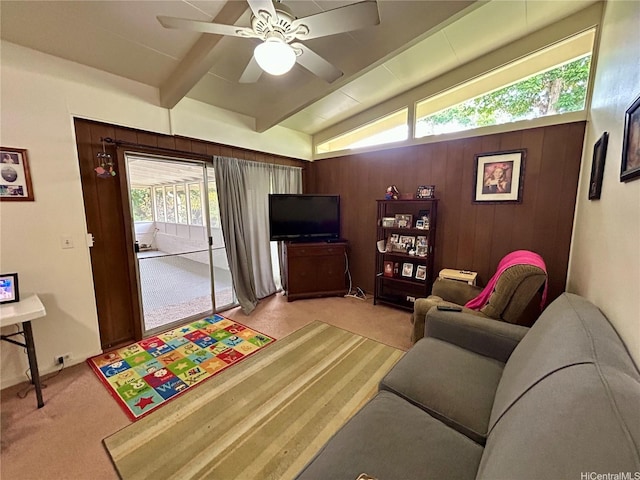 661 Iliaina St, Kailua, HI 96734 - living room with light carpet, a ceiling fan, and wooden walls