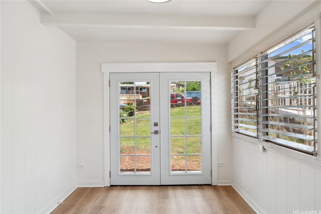 92-721 Anipeahi St, Kapolei, HI 96707 - entryway with french doors, wood finished floors, and beamed ceiling