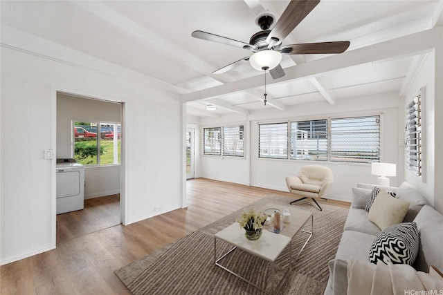 92-721 Anipeahi St, Kapolei, HI 96707 - living room with washer / clothes dryer, light wood-style flooring, a ceiling fan, and beam ceiling