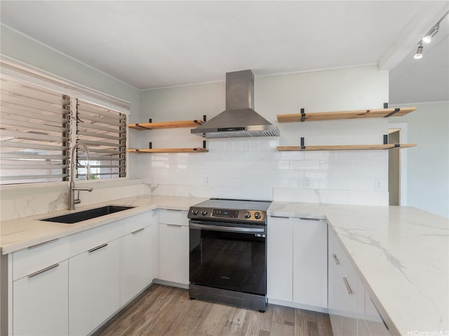 3622 Maunalei Ave, Honolulu, HI 96816 - kitchen featuring stainless steel electric range oven, open shelves, island range hood, a sink, and backsplash