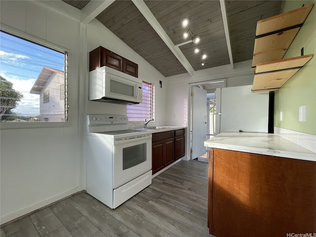 3622 Maunalei Ave, Honolulu, HI 96816 - kitchen featuring white appliances, a sink, light countertops, dark wood finished floors, and wood ceiling