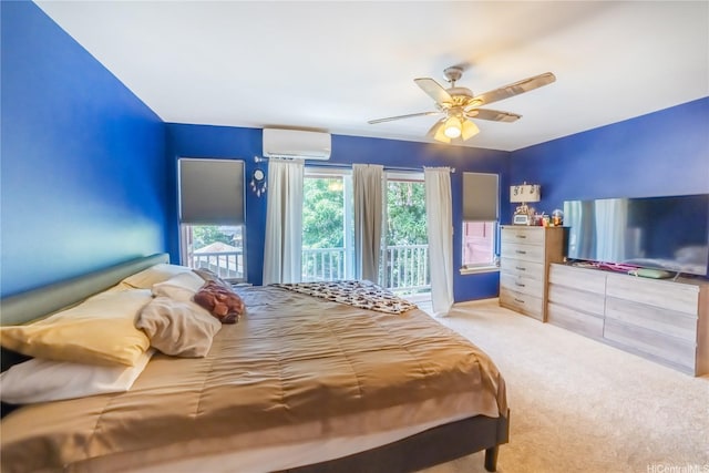87-107 Kulaaupuni St Unit 2, Waianae, HI 96792 - bedroom featuring a wall mounted air conditioner, access to outside, light carpet, and ceiling fan