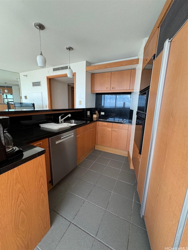1330 Ala Moana Blvd Unit 2105, Honolulu, HI 96814 - kitchen with stainless steel dishwasher, dark countertops, decorative backsplash, pendant lighting, and oven