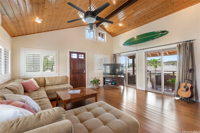 66-158A Haleiwa Rd, Haleiwa, HI 96712 - living room with wood finished floors, plenty of natural light, high vaulted ceiling, wooden ceiling, and a ceiling fan