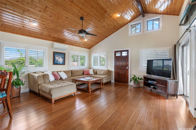 66-158A Haleiwa Rd, Haleiwa, HI 96712 - living room with a wall mounted AC, wooden ceiling, high vaulted ceiling, light wood finished floors, and a ceiling fan
