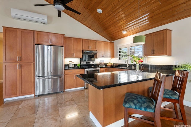 66-158A Haleiwa Rd, Haleiwa, HI 96712 - kitchen with stainless steel appliances, an AC wall unit, a peninsula, under cabinet range hood, and a breakfast bar