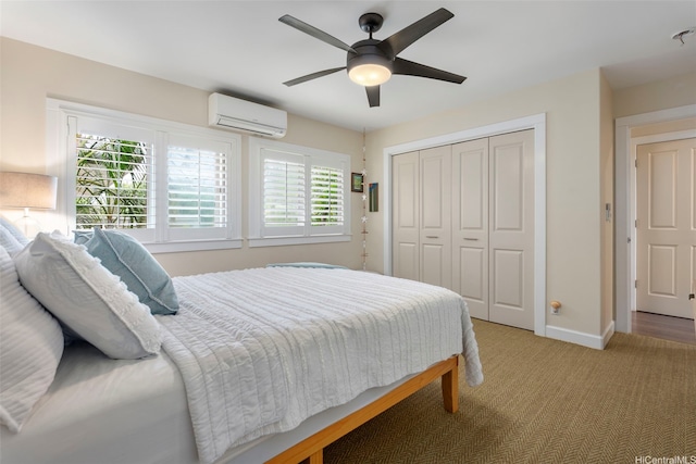 66-158A Haleiwa Rd, Haleiwa, HI 96712 - carpeted bedroom featuring an AC wall unit, multiple windows, a closet, and baseboards