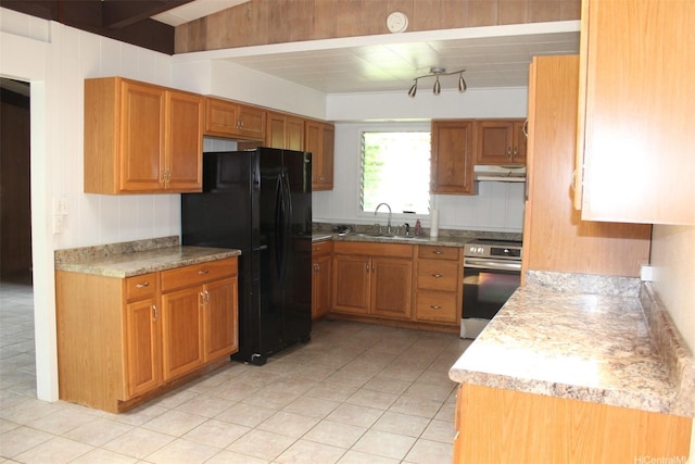 45-610 Kipawale Pl, Kaneohe, HI 96744 - kitchen featuring stainless steel electric range oven, freestanding refrigerator, brown cabinetry, and under cabinet range hood