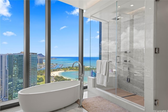 1108 Auahi St Unit 3800, Honolulu, HI 96814 - bathroom with a water view, a soaking tub, a shower stall, and expansive windows