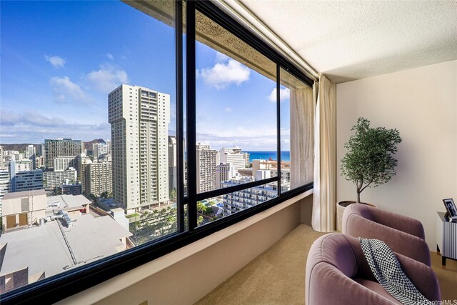 430 Lewers St Unit 2502, Honolulu, HI 96815 - sitting room featuring carpet flooring, a view of city, a water view, and a textured ceiling