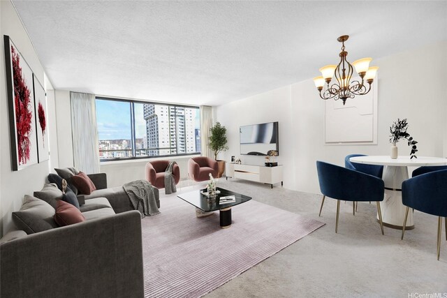 430 Lewers St Unit 2502, Honolulu, HI 96815 - living room with a chandelier, a textured ceiling, and carpet