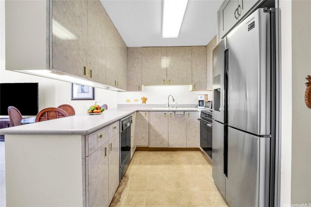 430 Lewers St Unit 2502, Honolulu, HI 96815 - kitchen featuring stainless steel fridge with ice dispenser, a peninsula, light countertops, dishwasher, and light brown cabinets