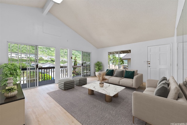 1305 Lunalilo Home Rd, Honolulu, HI 96825 - living room with high vaulted ceiling, wood finished floors, and beam ceiling
