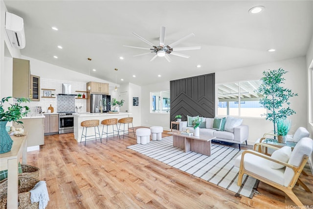 45-420 Pua Makahala St, Kaneohe, HI 96744 - living room with lofted ceiling, a wall mounted AC, light wood-style flooring, a ceiling fan, and recessed lighting