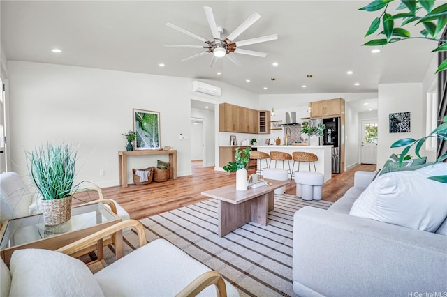 45-420 Pua Makahala St, Kaneohe, HI 96744 - living area featuring a wall mounted AC, light wood-style flooring, recessed lighting, and ceiling fan