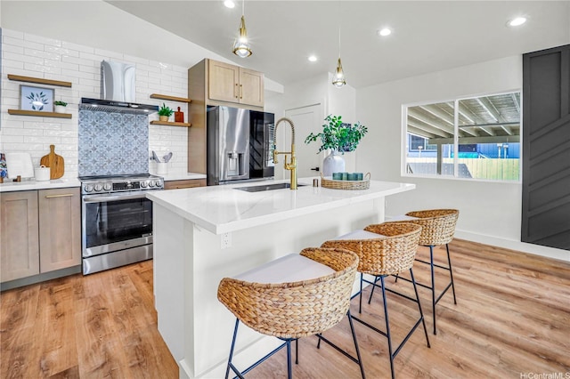 45-420 Pua Makahala St, Kaneohe, HI 96744 - kitchen with appliances with stainless steel finishes, open shelves, wall chimney exhaust hood, light wood-style floors, and backsplash
