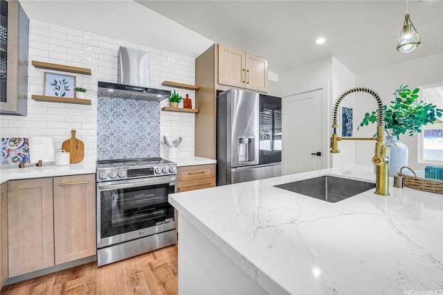 45-420 Pua Makahala St, Kaneohe, HI 96744 - kitchen with stainless steel appliances, open shelves, wall chimney range hood, backsplash, and light wood finished floors