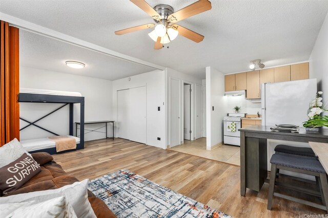 909 Kahuna Ln Unit 305, Honolulu, HI 96826 - living area with light wood-style floors, a ceiling fan, and a textured ceiling