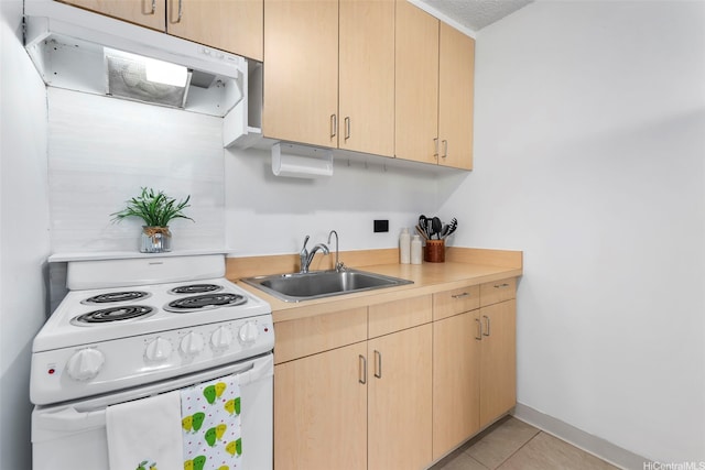 909 Kahuna Ln Unit 305, Honolulu, HI 96826 - kitchen featuring white electric range, ventilation hood, light brown cabinets, light tile patterned floors, and light countertops