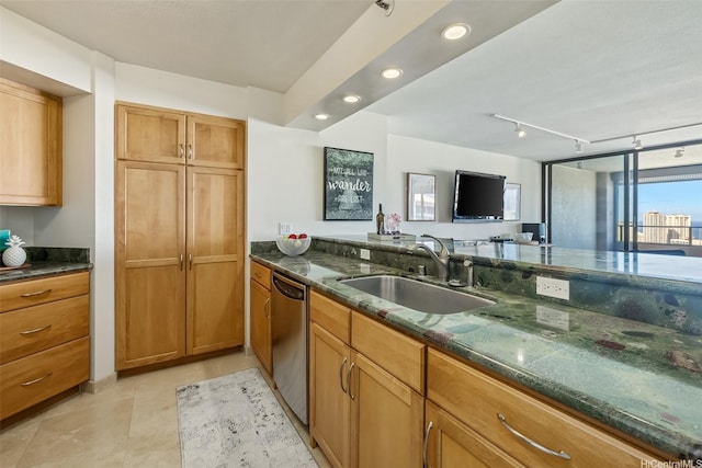 583 Kamoku St Unit Ph7, Honolulu, HI 96826 - kitchen featuring a sink, dishwasher, dark stone counters, brown cabinetry, and recessed lighting