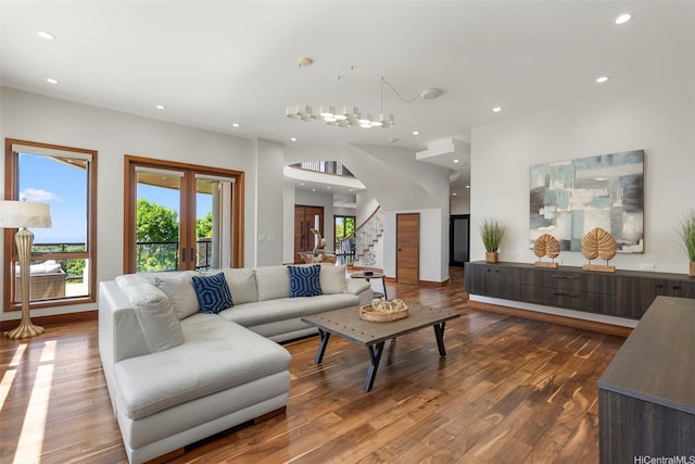 4967 Maunalani Cir Unit B, Honolulu, HI 96816 - living room featuring wood finished floors, stairway, recessed lighting, and a chandelier