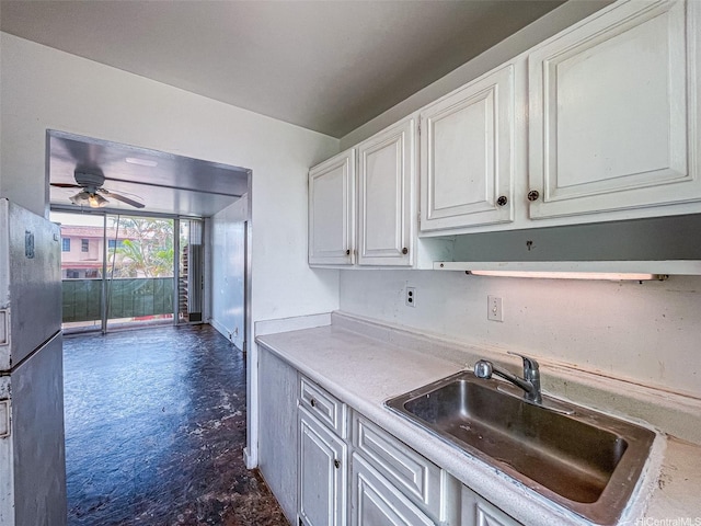 1016 Ehoeho Ave Unit 208, Wahiawa, HI 96786 - kitchen with light countertops, white cabinets, freestanding refrigerator, a ceiling fan, and open shelves