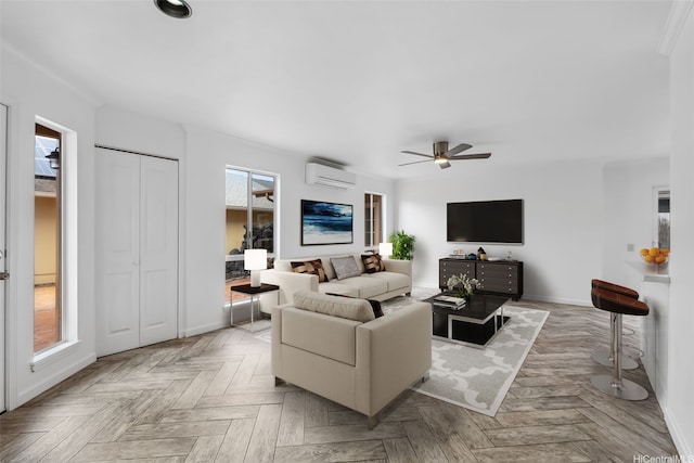 91-1041 Waihuna St, Ewa Beach, HI 96706 - living room featuring an AC wall unit and a ceiling fan