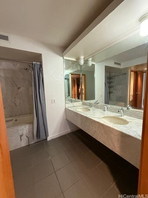 1330 Ala Moana Blvd Unit 1507, Honolulu, HI 96814 - bathroom with tile patterned floors, double vanity, baseboards, and tiled shower / bath
