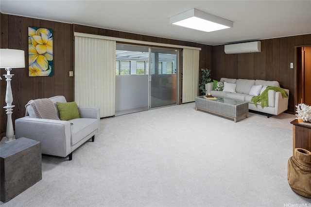 1456 Ala Aolani St, Honolulu, HI 96819 - living room featuring a wall unit AC, wood walls, and light carpet