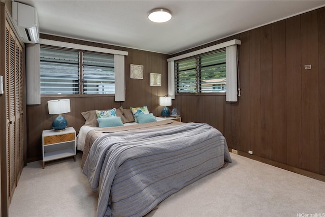 1456 Ala Aolani St, Honolulu, HI 96819 - bedroom featuring light colored carpet, a wall mounted AC, and wooden walls