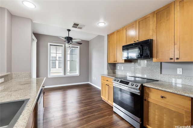 520 Lunalilo Home Rd Unit 7427, Honolulu, HI 96825 - kitchen featuring black microwave, electric range, dark wood-type flooring, a ceiling fan, and light stone counters