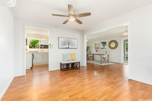 1433 Akanahe Pl, Kailua, HI 96734 - living room with ceiling fan, light wood-style floors, and ornamental molding
