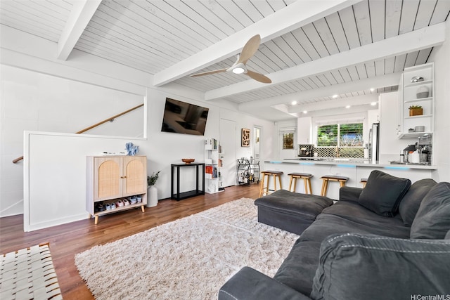 4130 Keanu St Unit 4, Honolulu, HI 96816 - living area with dark wood finished floors, a ceiling fan, and a wooden ceiling with exposed beams
