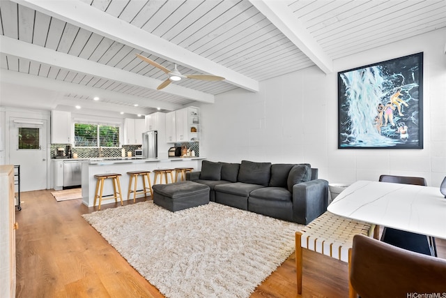 4130 Keanu St Unit 4, Honolulu, HI 96816 - living area featuring light wood-style flooring, ceiling fan, recessed lighting, and a wood ceiling with exposed beams