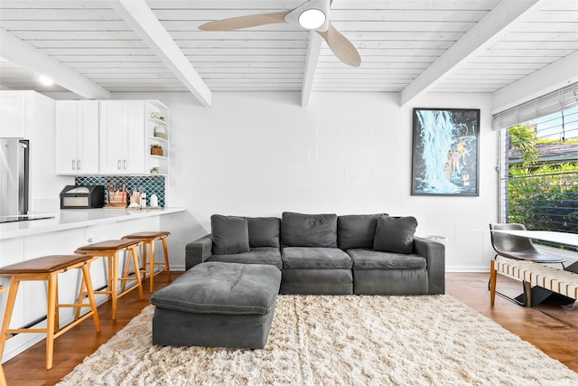 4130 Keanu St Unit 4, Honolulu, HI 96816 - living room featuring wood finished floors, a ceiling fan, a wooden ceiling with exposed beams, and concrete block wall