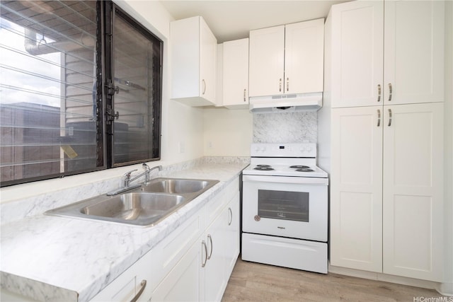 kitchen featuring electric range, under cabinet range hood, white cabinetry, light wood finished floors, and tasteful backsplash