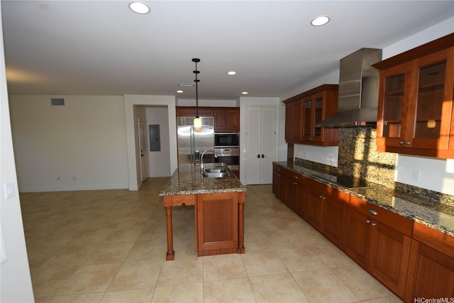 91-1342 Kaiokia St, Ewa Beach, HI 96706 - kitchen with wall chimney range hood, built in appliances, dark stone countertops, glass insert cabinets, and backsplash