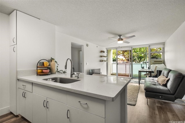 3009 Ala Makahala Pl Unit 214, Honolulu, HI 96818 - kitchen featuring open floor plan, a ceiling fan, a textured ceiling, dark wood finished floors, and a peninsula
